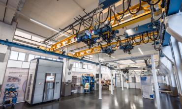 The picture shows the Research and Business Factory of Demag Cranes & Components GmbH in Wetter (Germany). Demag is one of the partners in the EmKoI project and develops technologies for intralogistics.