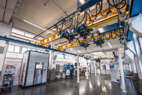 The picture shows the Research and Business Factory of Demag Cranes & Components GmbH in Wetter (Germany). Demag is one of the partners in the EmKoI project and develops technologies for intralogistics.